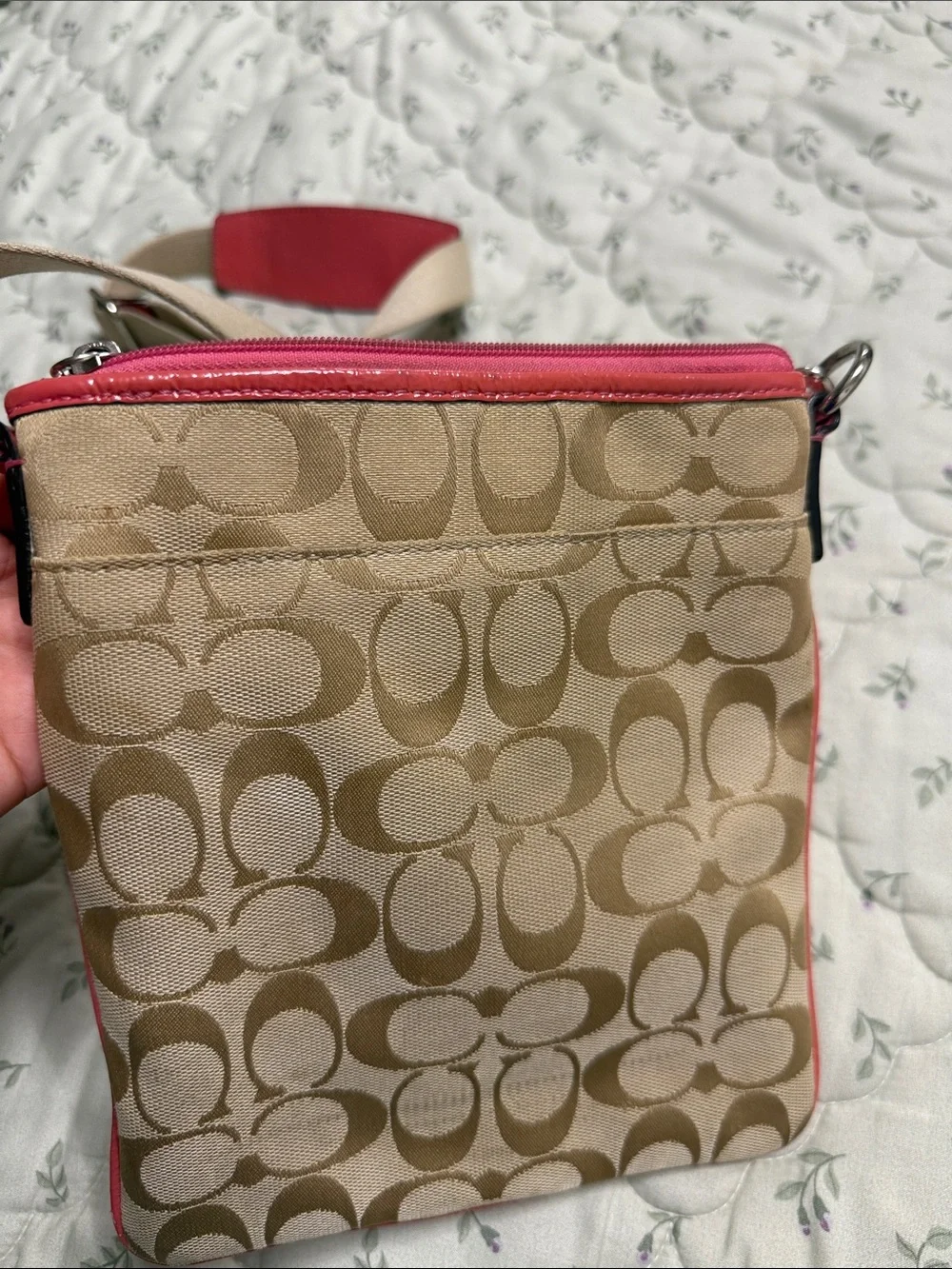 Coach Tan Signature Crossbody with Pink Trim